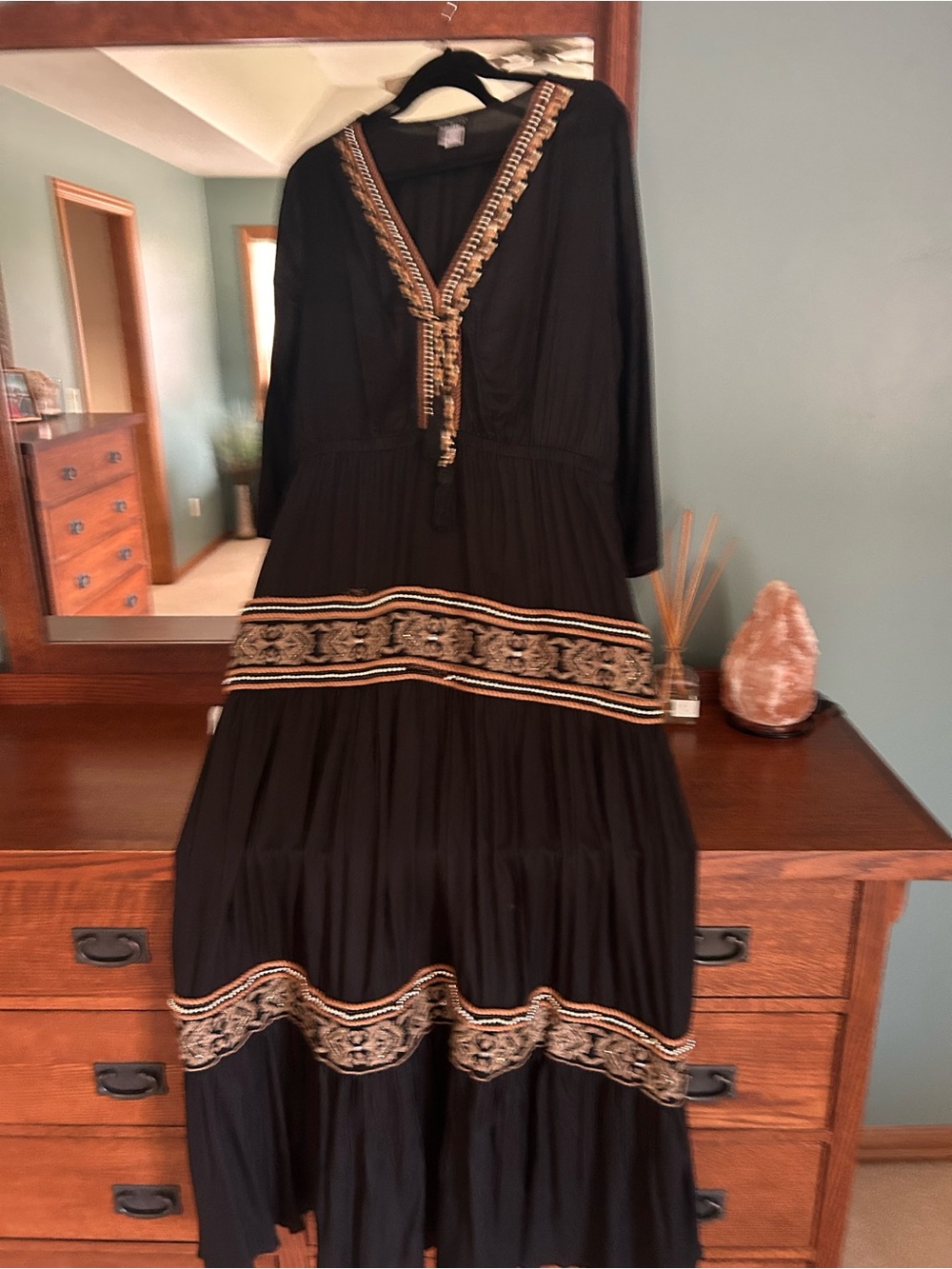 VENUS Black Maxi Dress with Gold & Cream Embroidery
